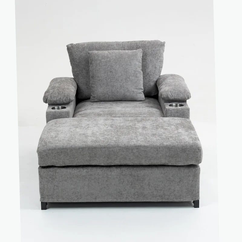 Fauteuil d'appoint surdimensionné en chenille avec porte-gobelets, port de charge USB et accoudoir de rangement Vert Gris Beige
