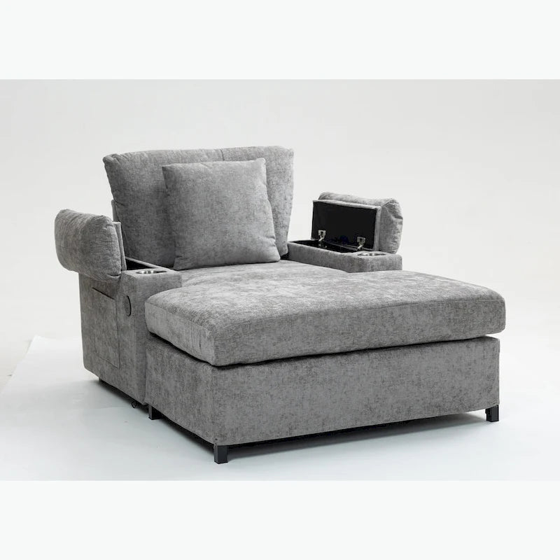 Fauteuil d'appoint surdimensionné en chenille avec porte-gobelets, port de charge USB et accoudoir de rangement Vert Gris Beige