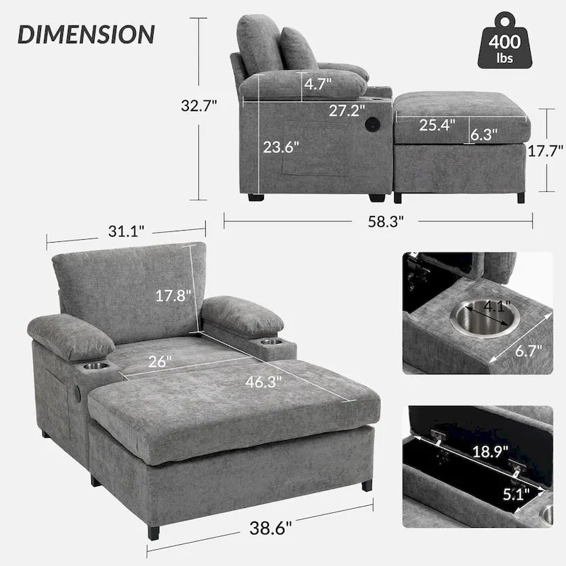 Fauteuil d'appoint surdimensionné en chenille avec porte-gobelets, port de charge USB et accoudoir de rangement Vert Gris Beige
