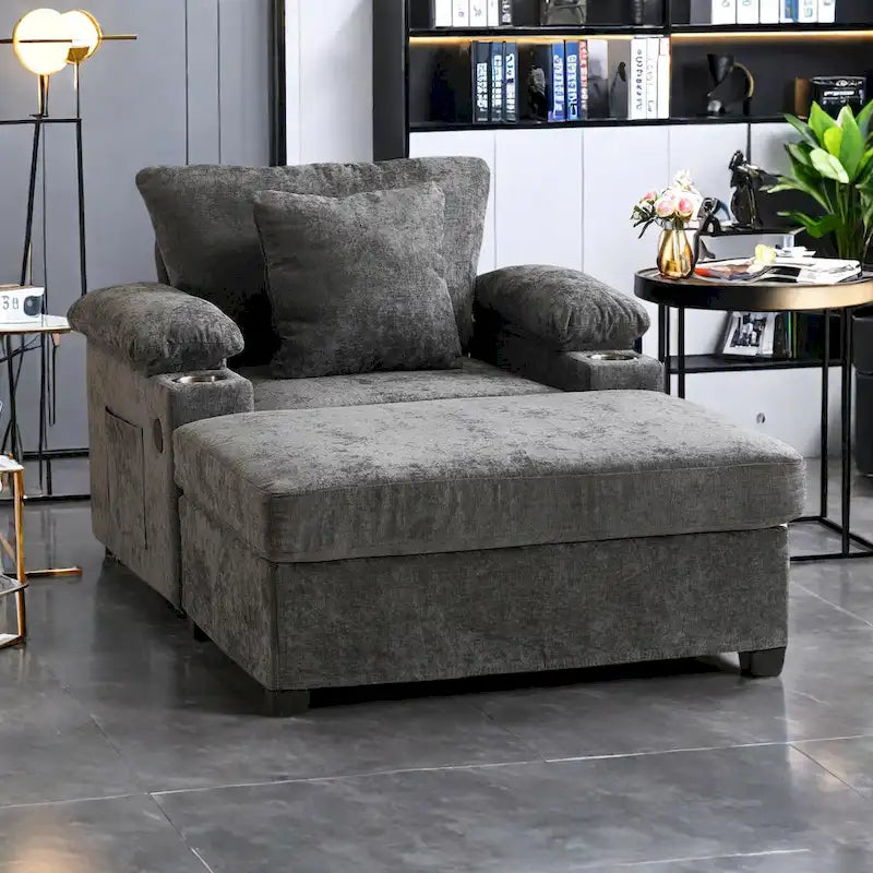 Fauteuil d'appoint surdimensionné en chenille avec porte-gobelets, port de charge USB et accoudoir de rangement Vert Gris Beige