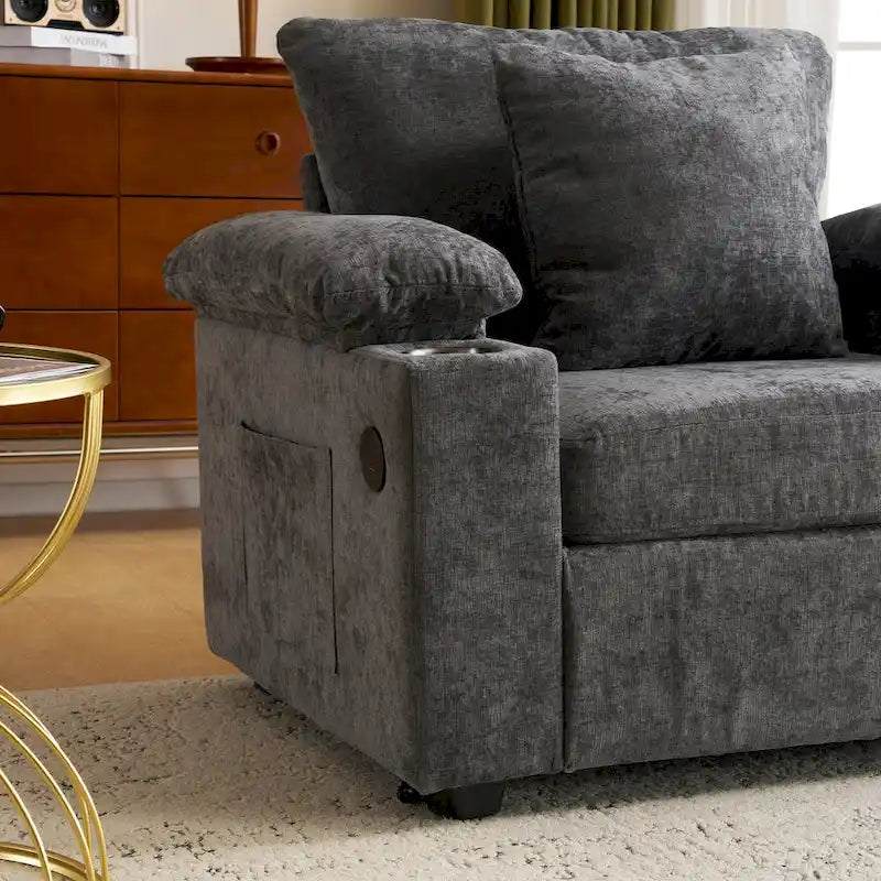 Fauteuil d'appoint surdimensionné en chenille avec porte-gobelets, port de charge USB et accoudoir de rangement Vert Gris Beige