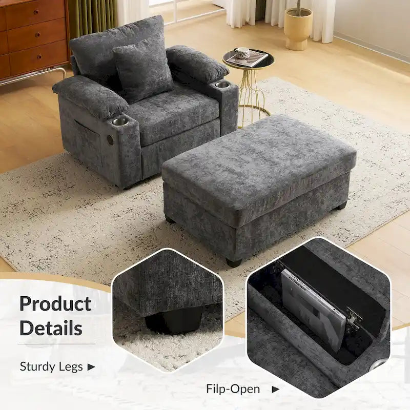 Fauteuil d'appoint surdimensionné en chenille avec porte-gobelets, port de charge USB et accoudoir de rangement Vert Gris Beige