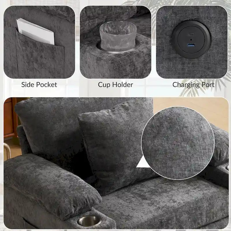 Fauteuil d'appoint surdimensionné en chenille avec porte-gobelets, port de charge USB et accoudoir de rangement Vert Gris Beige