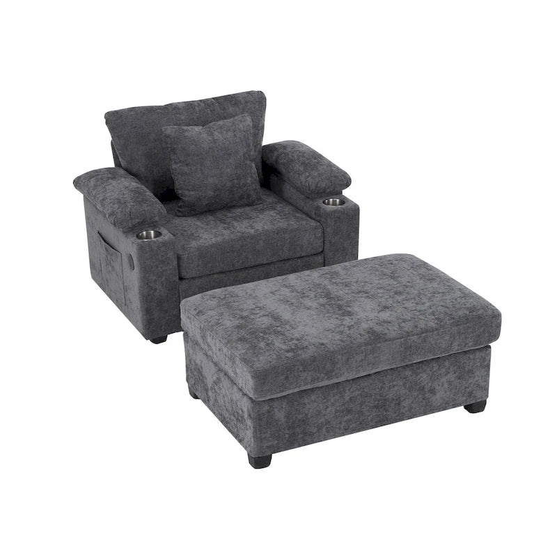 Fauteuil d'appoint surdimensionné en chenille avec porte-gobelets, port de charge USB et accoudoir de rangement Vert Gris Beige