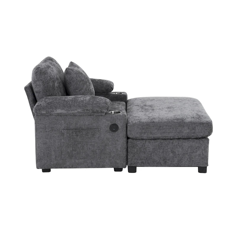 Fauteuil d'appoint surdimensionné en chenille avec porte-gobelets, port de charge USB et accoudoir de rangement Vert Gris Beige