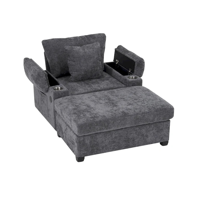 Fauteuil d'appoint surdimensionné en chenille avec porte-gobelets, port de charge USB et accoudoir de rangement Vert Gris Beige