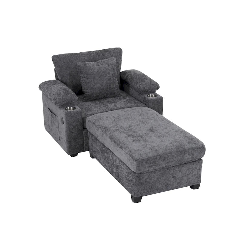 Fauteuil d'appoint surdimensionné en chenille avec porte-gobelets, port de charge USB et accoudoir de rangement Vert Gris Beige