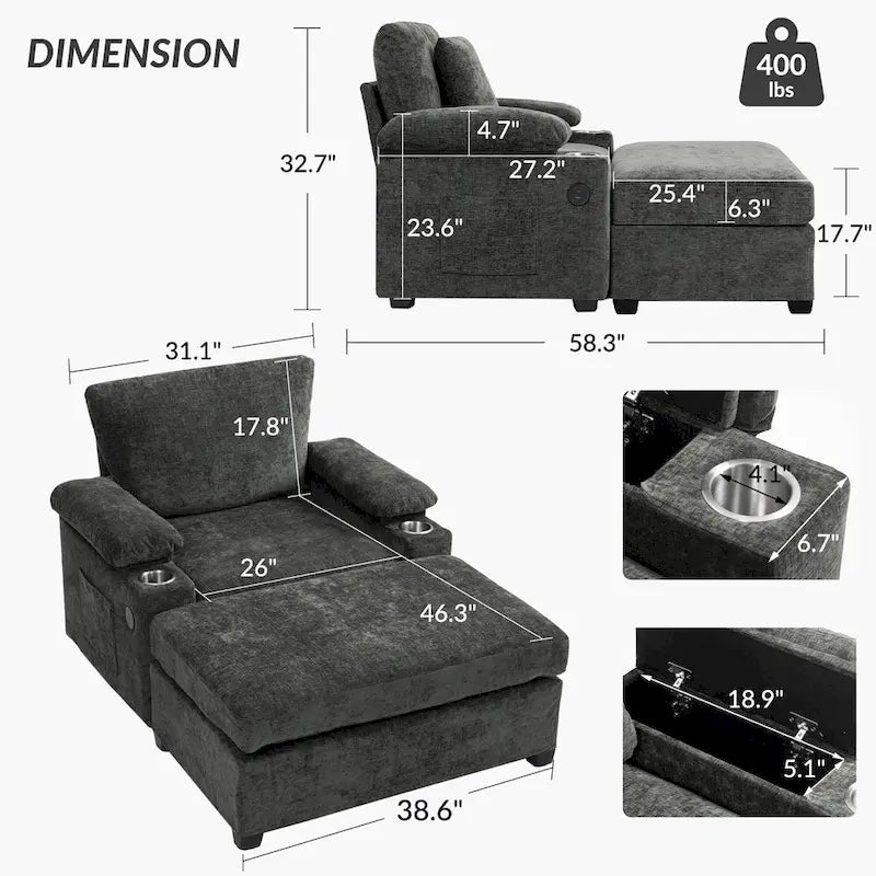 Fauteuil d'appoint surdimensionné en chenille avec porte-gobelets, port de charge USB et accoudoir de rangement Vert Gris Beige