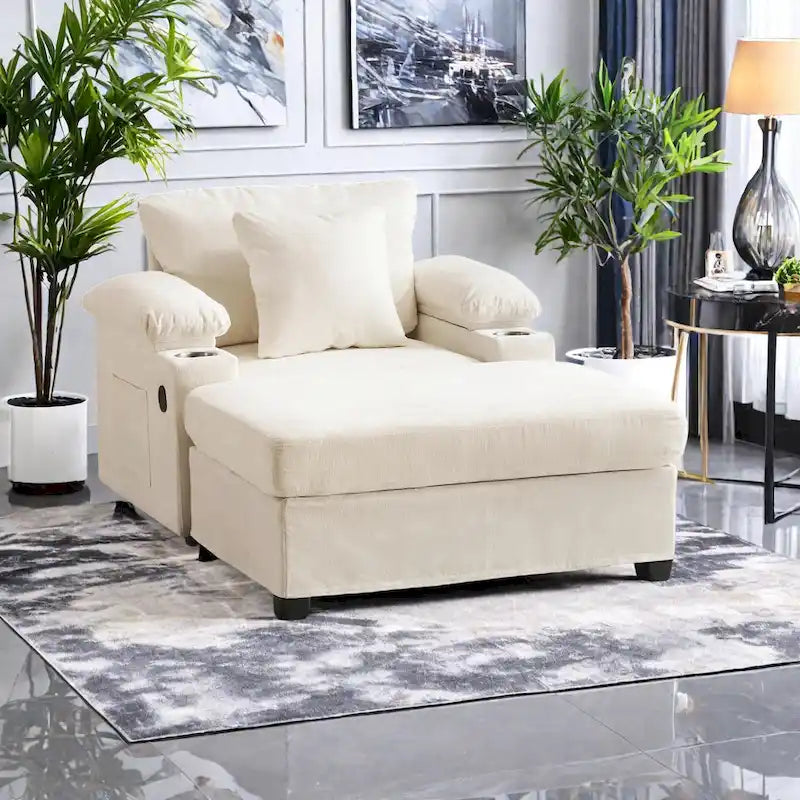 Fauteuil d'appoint surdimensionné en chenille avec porte-gobelets, port de charge USB et accoudoir de rangement Vert Gris Beige