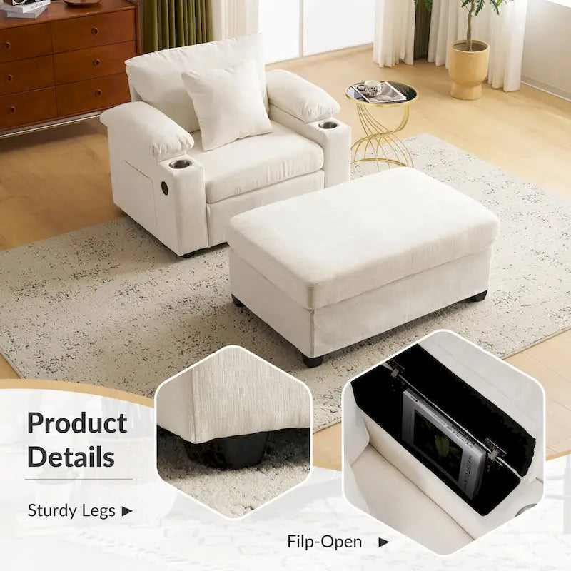 Fauteuil d'appoint surdimensionné en chenille avec porte-gobelets, port de charge USB et accoudoir de rangement Vert Gris Beige