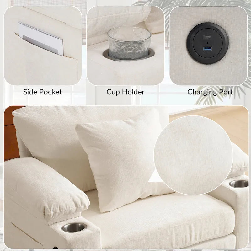 Fauteuil d'appoint surdimensionné en chenille avec porte-gobelets, port de charge USB et accoudoir de rangement Vert Gris Beige