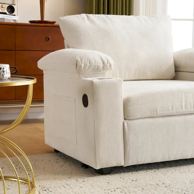 Fauteuil d'appoint surdimensionné en chenille avec porte-gobelets, port de charge USB et accoudoir de rangement Vert Gris Beige