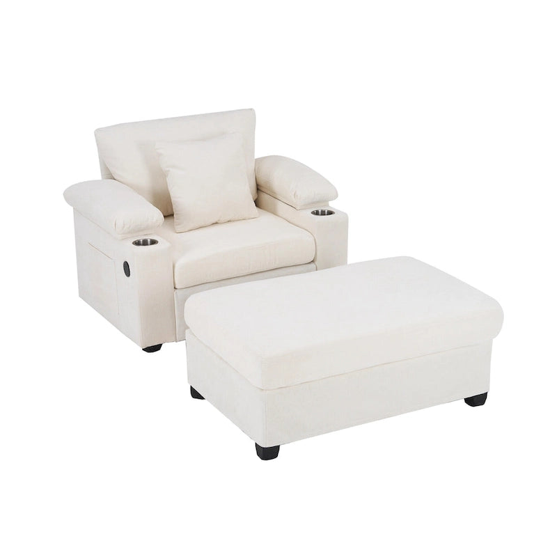 Fauteuil d'appoint surdimensionné en chenille avec porte-gobelets, port de charge USB et accoudoir de rangement Vert Gris Beige