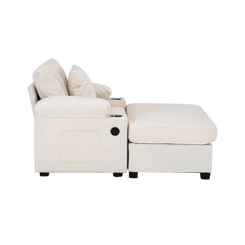 Fauteuil d'appoint surdimensionné en chenille avec porte-gobelets, port de charge USB et accoudoir de rangement Vert Gris Beige