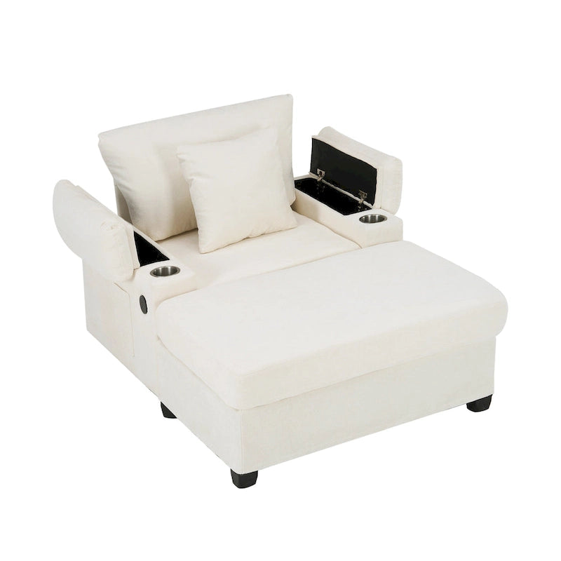 Fauteuil d'appoint surdimensionné en chenille avec porte-gobelets, port de charge USB et accoudoir de rangement Vert Gris Beige