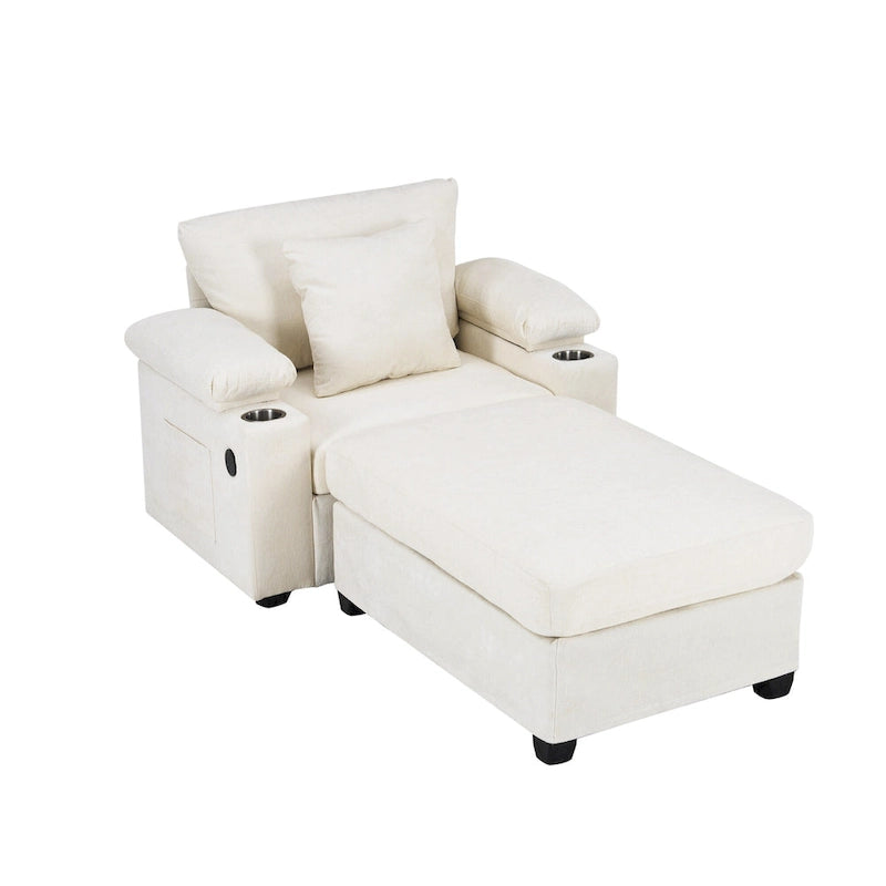 Fauteuil d'appoint surdimensionné en chenille avec porte-gobelets, port de charge USB et accoudoir de rangement Vert Gris Beige
