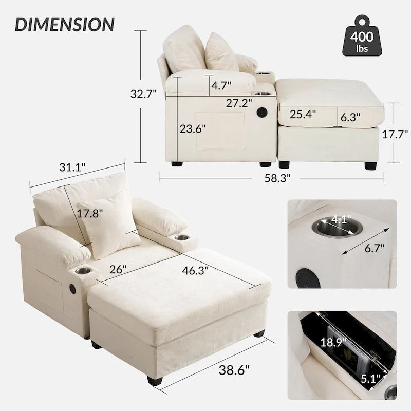Fauteuil d'appoint surdimensionné en chenille avec porte-gobelets, port de charge USB et accoudoir de rangement Vert Gris Beige