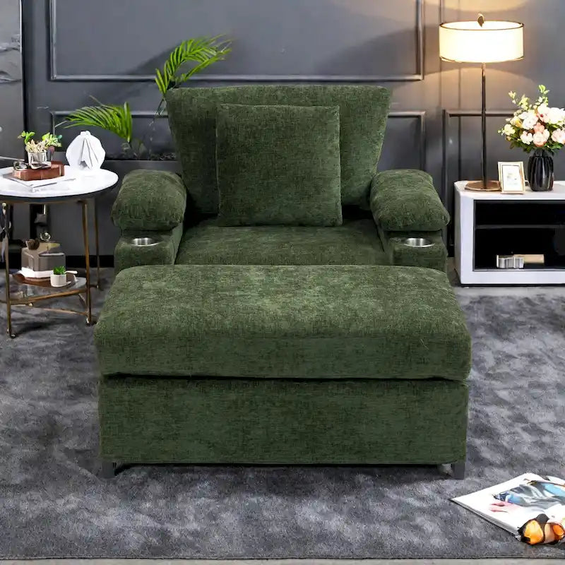 Fauteuil d'appoint surdimensionné en chenille avec porte-gobelets, port de charge USB et accoudoir de rangement Vert Gris Beige