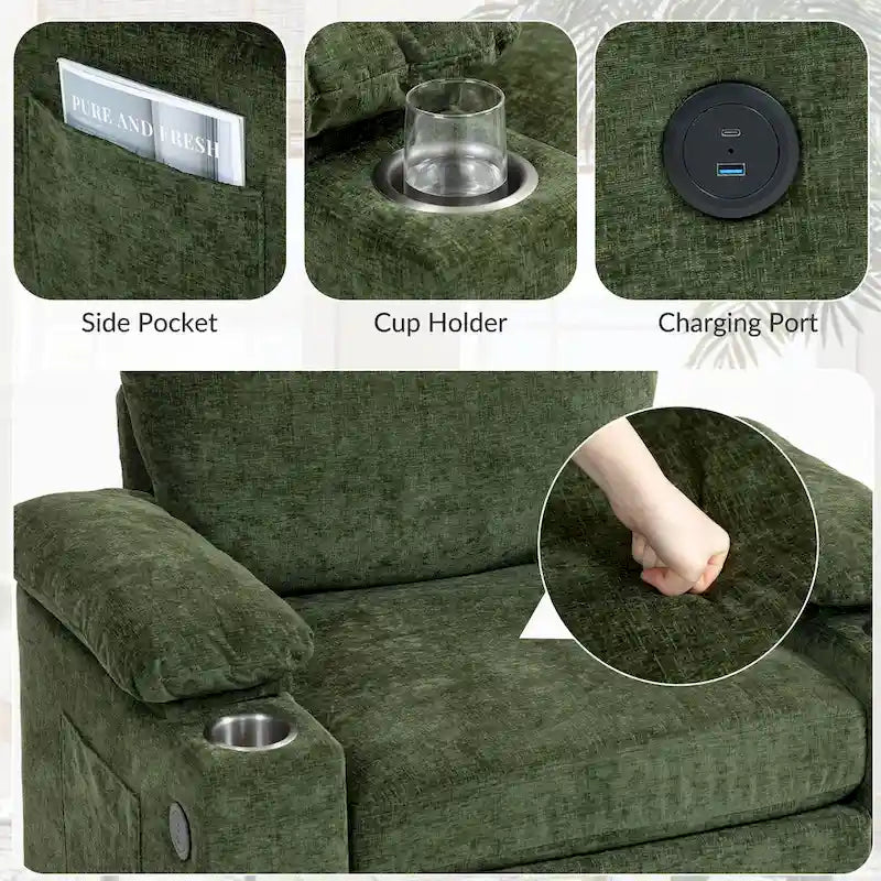 Fauteuil d'appoint surdimensionné en chenille avec porte-gobelets, port de charge USB et accoudoir de rangement Vert Gris Beige