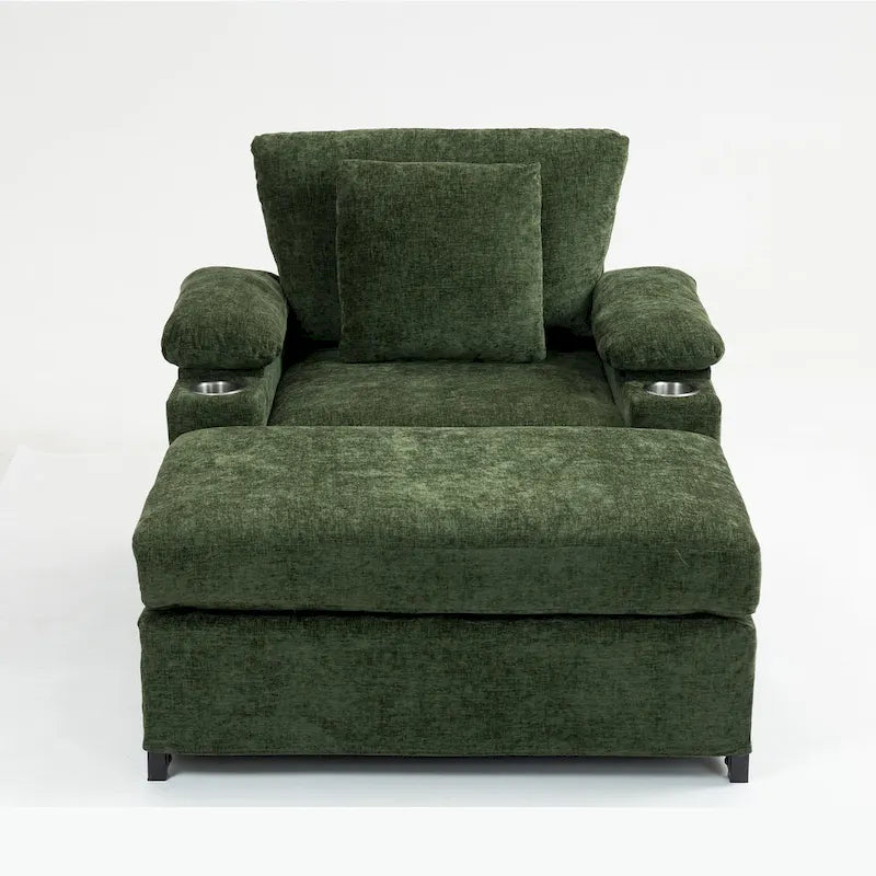 Fauteuil d'appoint surdimensionné en chenille avec porte-gobelets, port de charge USB et accoudoir de rangement Vert Gris Beige