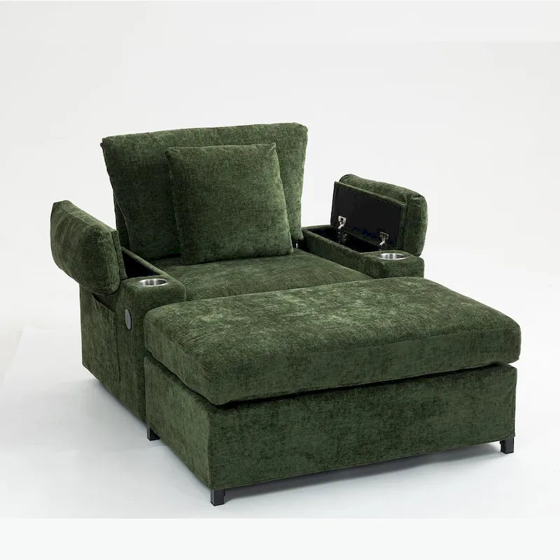 Fauteuil d'appoint surdimensionné en chenille avec porte-gobelets, port de charge USB et accoudoir de rangement Vert Gris Beige