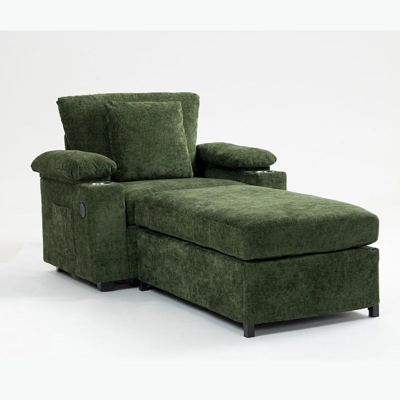 Fauteuil d'appoint surdimensionné en chenille avec porte-gobelets, port de charge USB et accoudoir de rangement Vert Gris Beige