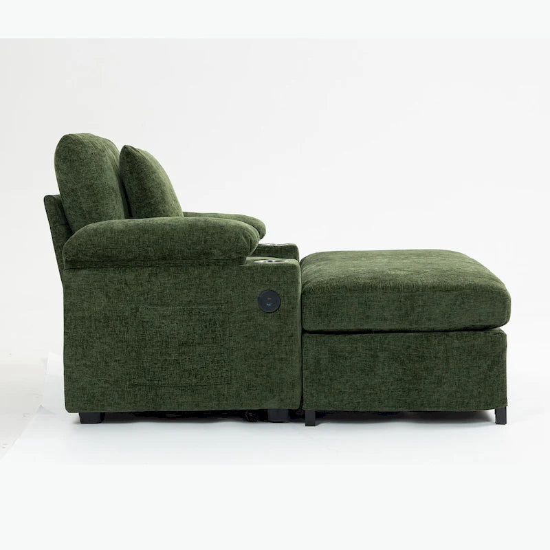 Fauteuil d'appoint surdimensionné en chenille avec porte-gobelets, port de charge USB et accoudoir de rangement Vert Gris Beige