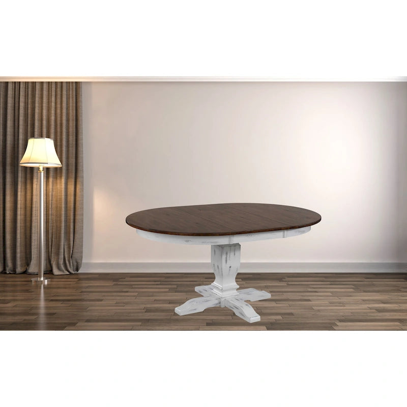 Table à manger ronde à rallonge avec pied central, bois marron foncé et blanc