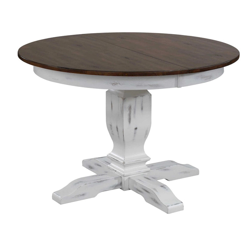 Table à manger ronde à rallonge avec pied central, bois marron foncé et blanc