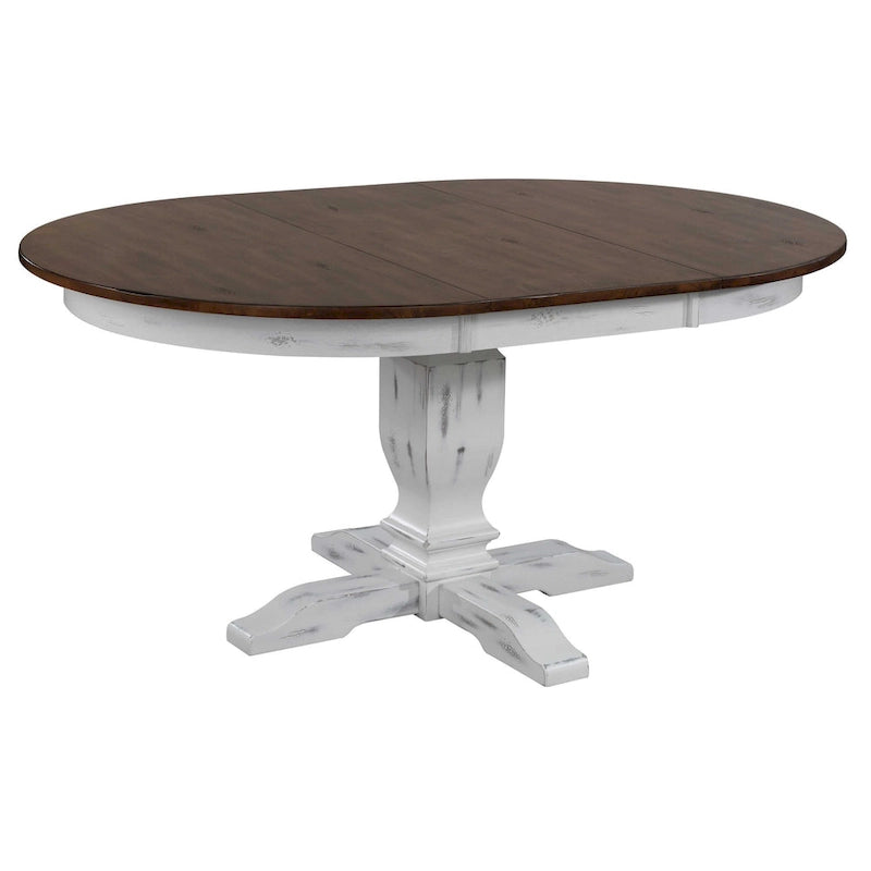 Table à manger ronde à rallonge avec pied central, bois marron foncé et blanc