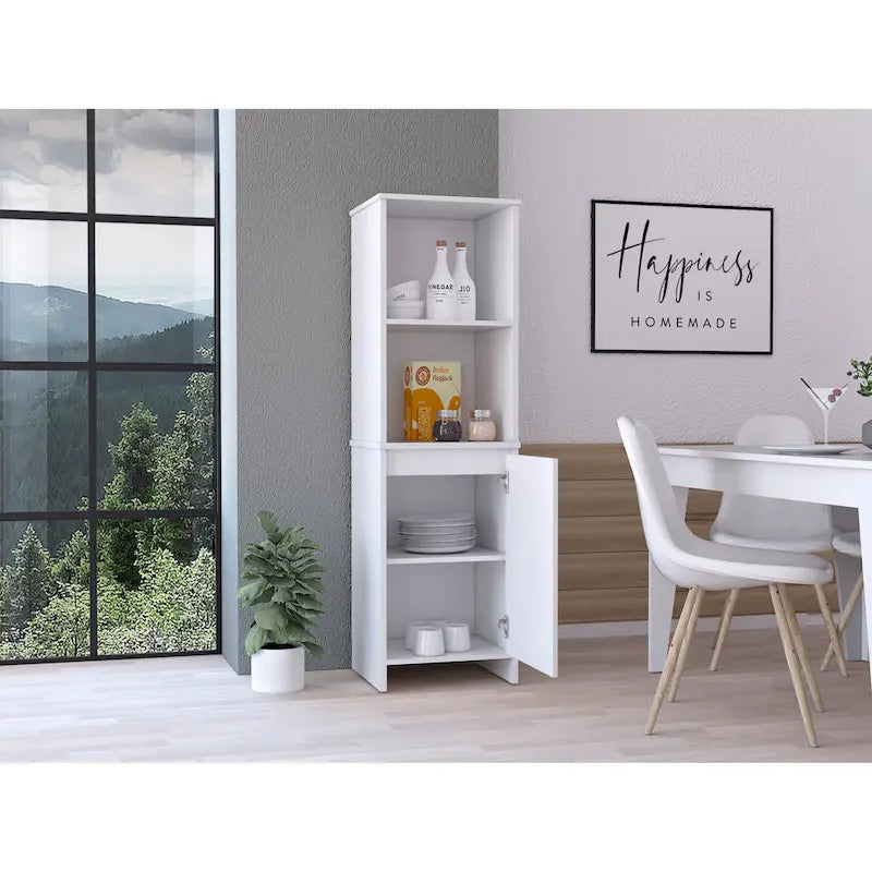 Meuble de garde-manger moderne blanc avec étagères ouvertes et rangement à porte simple