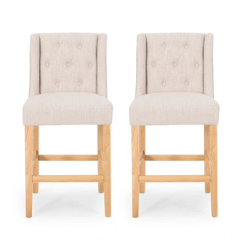 Tabouret de comptoir à dossier haut capitonné en tissu, pieds en bois naturel