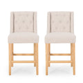 Tabouret de comptoir à dossier haut capitonné en tissu, pieds en bois naturel