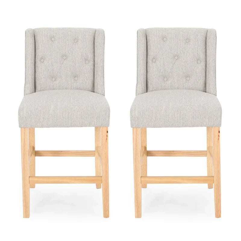 Tabouret de comptoir à dossier haut capitonné en tissu, pieds en bois naturel