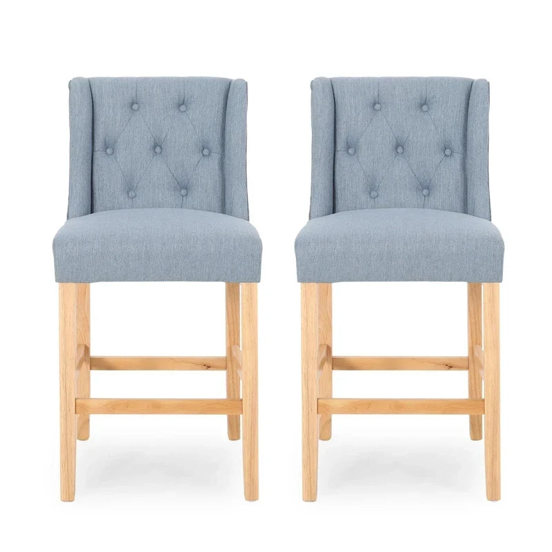 Tabouret de comptoir à dossier haut capitonné en tissu, pieds en bois naturel