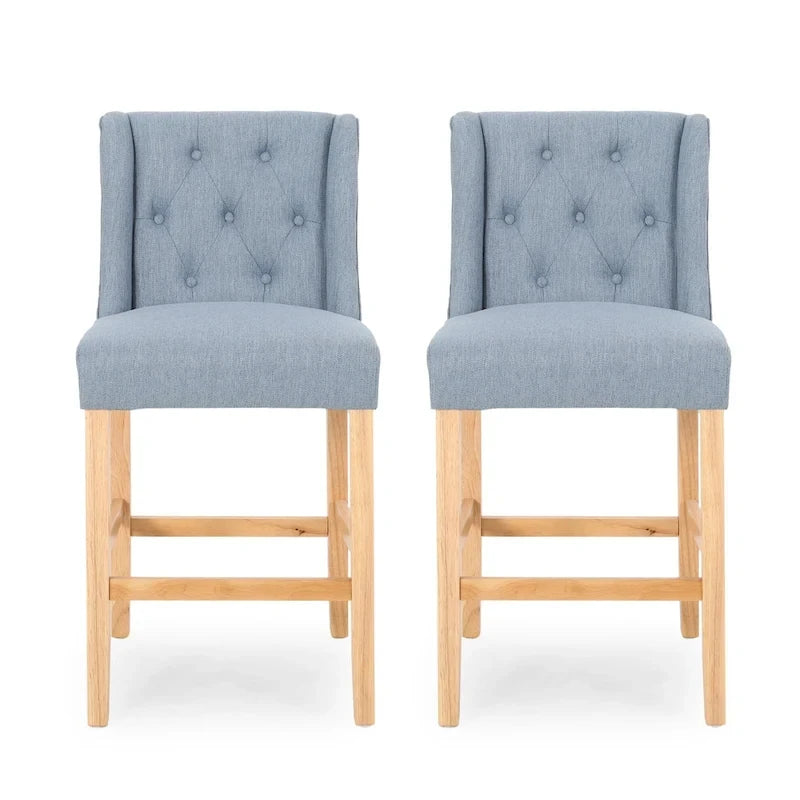 Tabouret de comptoir à dossier haut capitonné en tissu, pieds en bois naturel