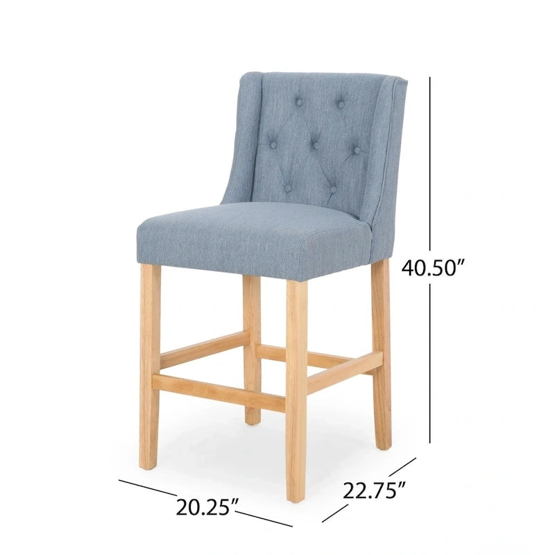 Tabouret de comptoir à dossier haut capitonné en tissu, pieds en bois naturel