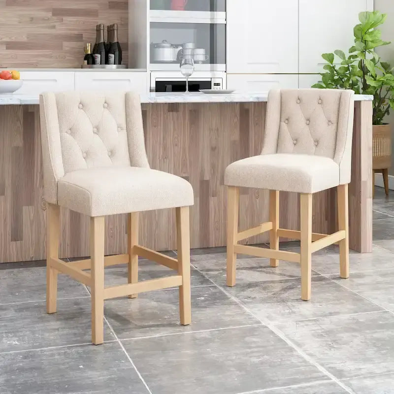 Tabouret de comptoir à dossier haut capitonné en tissu, pieds en bois naturel