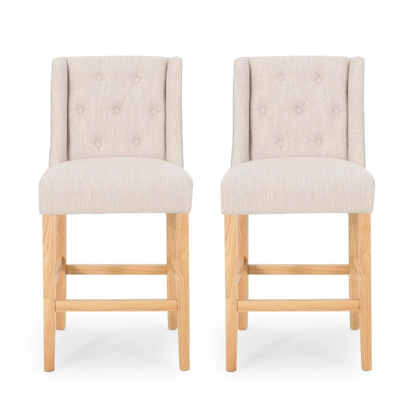 Tabouret de comptoir à dossier haut capitonné en tissu, pieds en bois naturel