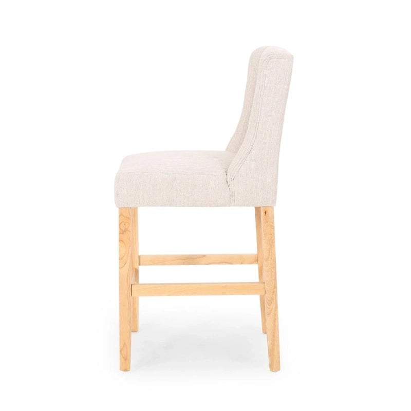 Tabouret de comptoir à dossier haut capitonné en tissu, pieds en bois naturel