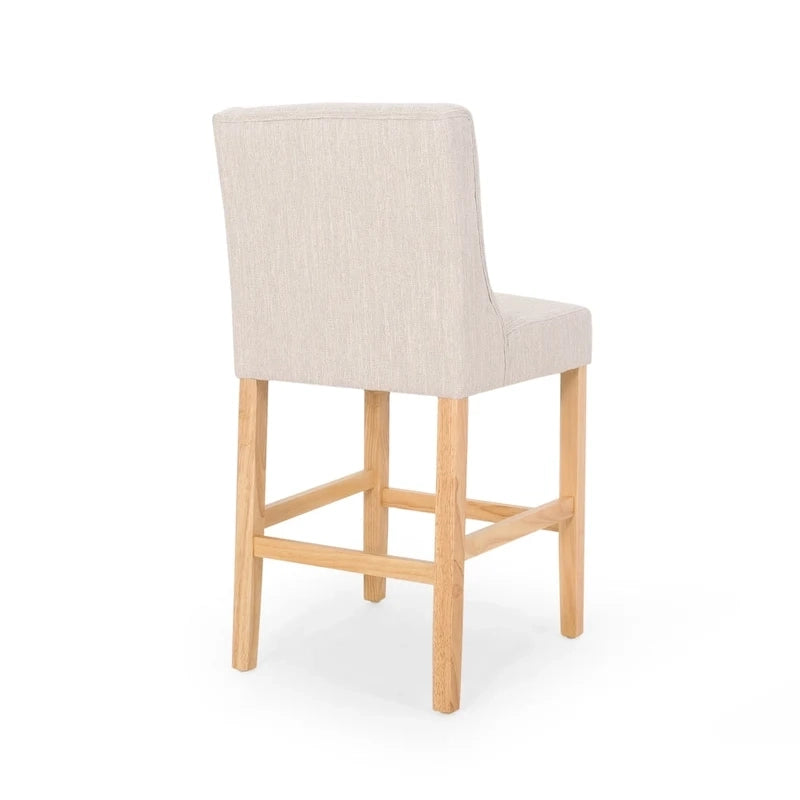Tabouret de comptoir à dossier haut capitonné en tissu, pieds en bois naturel