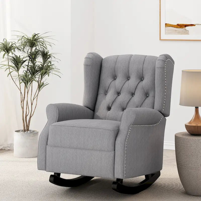 Fauteuil à bascule en tissu à dossier haut capitonné avec patins en bois de bouleau, gris ou beige