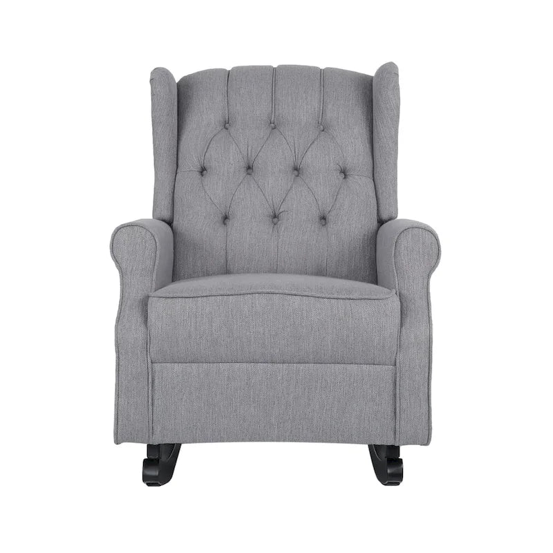 Fauteuil à bascule en tissu à dossier haut capitonné avec patins en bois de bouleau, gris ou beige