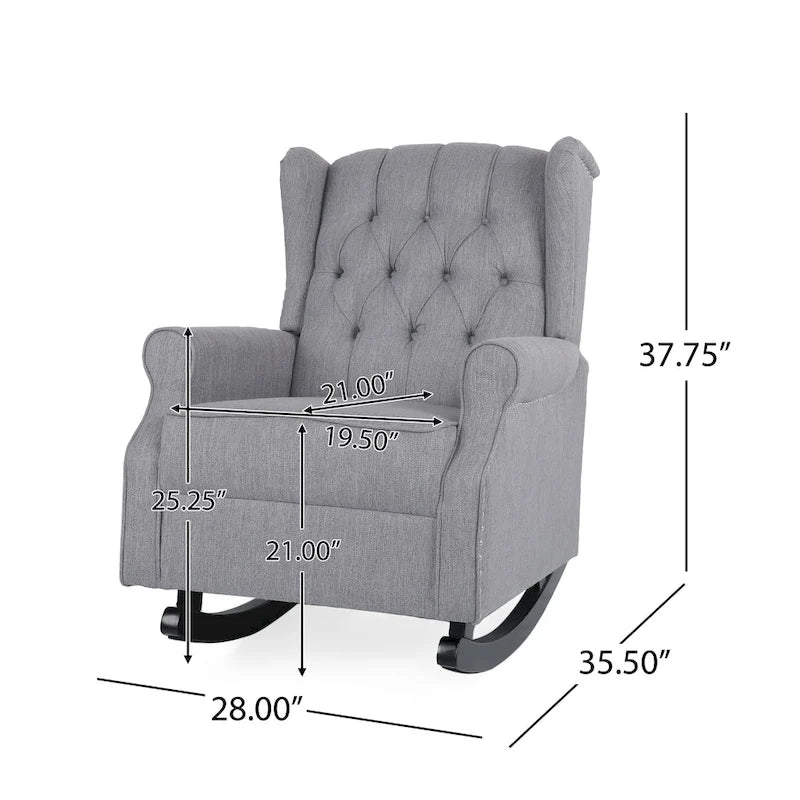Fauteuil à bascule en tissu à dossier haut capitonné avec patins en bois de bouleau, gris ou beige