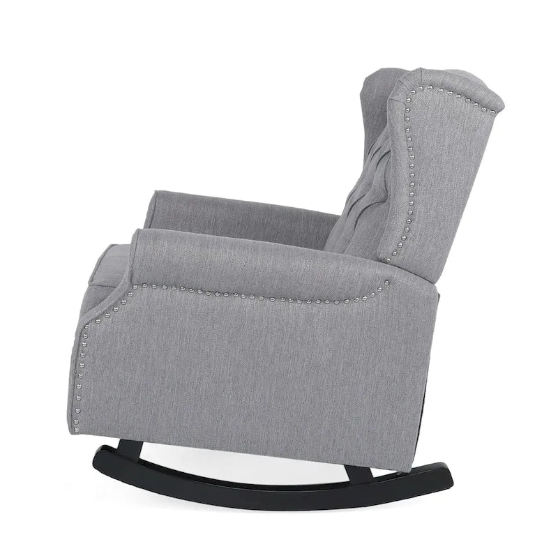 Fauteuil à bascule en tissu à dossier haut capitonné avec patins en bois de bouleau, gris ou beige
