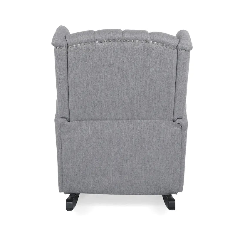 Fauteuil à bascule en tissu à dossier haut capitonné avec patins en bois de bouleau, gris ou beige