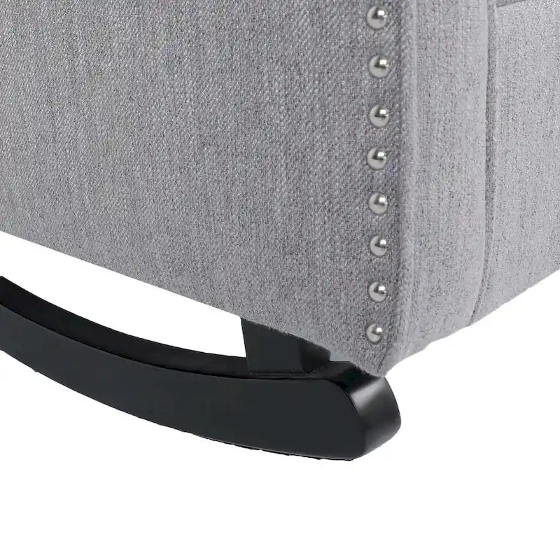 Fauteuil à bascule en tissu à dossier haut capitonné avec patins en bois de bouleau, gris ou beige