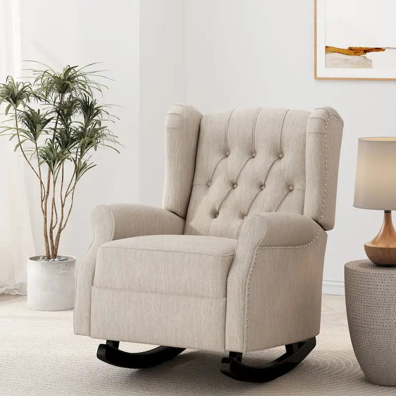 Fauteuil à bascule en tissu à dossier haut capitonné avec patins en bois de bouleau, gris ou beige
