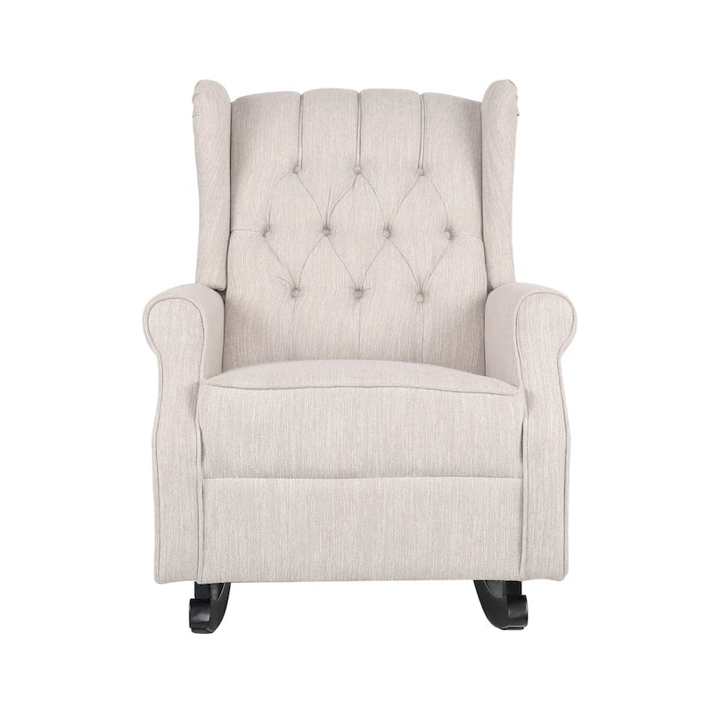 Fauteuil à bascule en tissu à dossier haut capitonné avec patins en bois de bouleau, gris ou beige