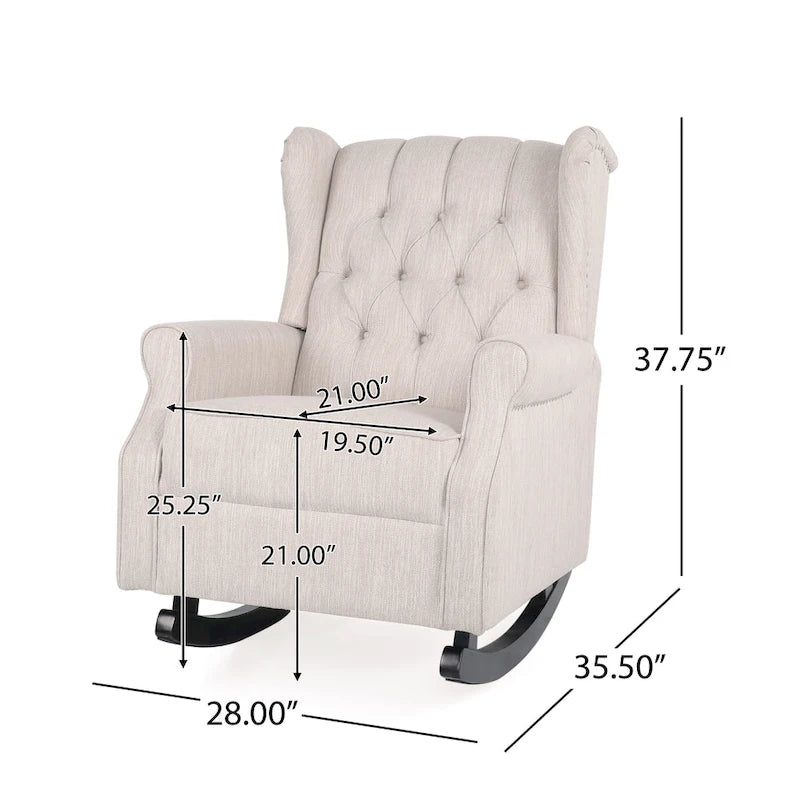 Fauteuil à bascule en tissu à dossier haut capitonné avec patins en bois de bouleau, gris ou beige